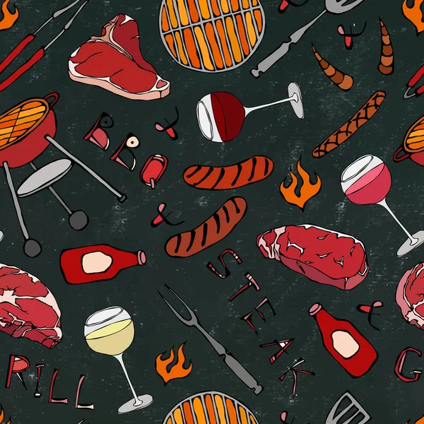 Kusursuz yaz barbekü mangal partisi düzeni. Bir bardak kırmızı, gül ve beyaz şarap, biftek, sosis, ızgara. Kara Tahta Geçmişi ve Tebeşir. El Çekimi Vektör İllüstrasyonu. Savoyar Doodle Biçimi