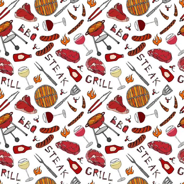 Kusursuz yaz barbekü mangal partisi düzeni. Bir bardak kırmızı, gül ve beyaz şarap, biftek, sosis, barbekü ızgarası, maşa, çatal, ateş, ketçap. El Çekimi Vektör İllüstrasyonu. Savoyar Doodle Biçimi