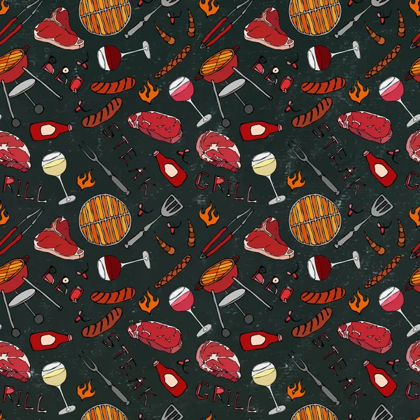 Kusursuz yaz barbekü mangal partisi düzeni. Bir bardak kırmızı, gül ve beyaz şarap, biftek, sosis, ızgara. Kara Tahta Geçmişi ve Tebeşir. El Çekimi Vektör İllüstrasyonu. Savoyar Doodle Biçimi