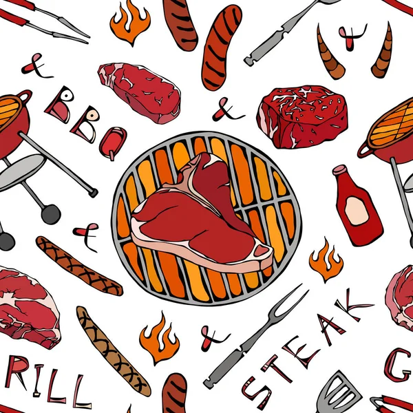 Seamless Pattern Summer Bbq Grill Party Big Bone Steak Sausage — Stock Vector