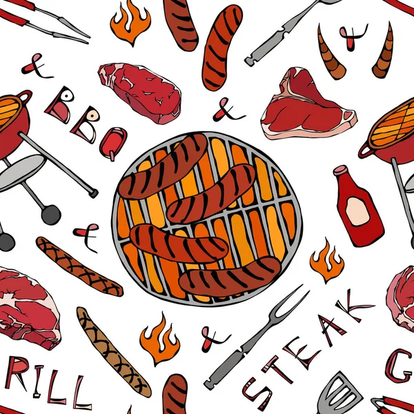 Kusursuz yaz barbekü mangal partisi düzeni. Büyük sosisler, barbekü ızgarası, maşa, çatal, ateş, ketçap. El Çekimi Vektör İllüstrasyonu. Savoyar Doodle Biçimi