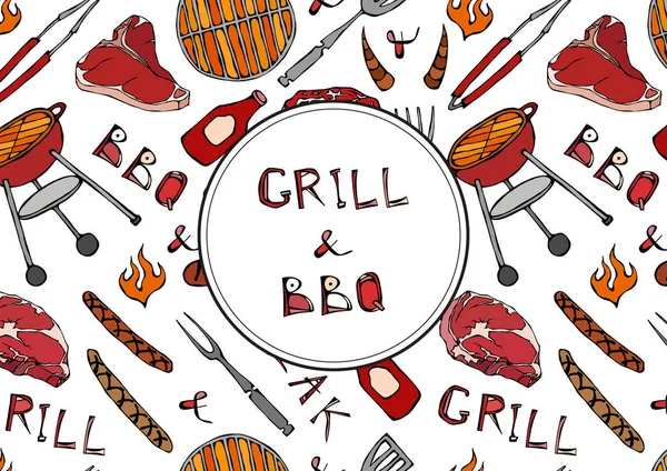 Grill Bbq Lettering Naadloos Patroon Van Zomer Bbq Grill Party — Stockvector