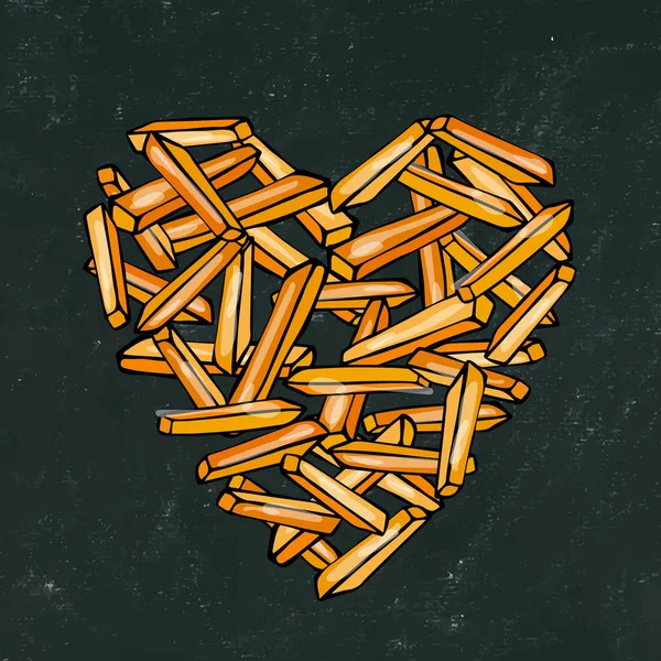 Black Board Background Chalk Heart Potato French Fries Love Delicious — Stock Vector