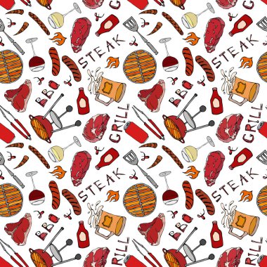 Kusursuz yaz barbekü mangal partisi düzeni. Biftek, sosis, barbekü ızgarası, maşa, çatal, ateş, ketçap. El Çekimi Vektör İllüstrasyonu. Savoyar Doodle Biçimi