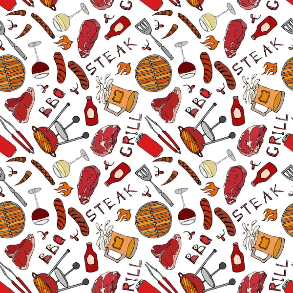 Kusursuz yaz barbekü mangal partisi düzeni. Biftek, sosis, barbekü ızgarası, maşa, çatal, ateş, ketçap. El Çekimi Vektör İllüstrasyonu. Savoyar Doodle Biçimi