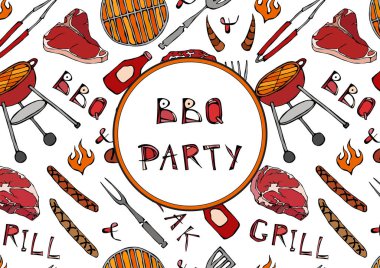 Kusursuz yaz barbekü mangal partisi düzeni. Biftek, sosis, barbekü ızgarası, maşa, çatal, ateş, ketçap. El Çekimi Vektör İllüstrasyonu. Savoyar Doodle Biçimi