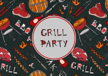 Kusursuz yaz barbekü mangal partisi düzeni. Biftek, sosis, barbekü ızgarası, maşa, çatal, ateş, ketçap. Kara Tahta Geçmişi ve Tebeşir. El Çekimi Vektör İllüstrasyonu. Savoyar Doodle Biçimi