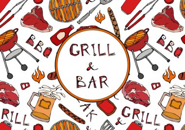Izgara Bar. Kusursuz yaz barbekü mangal partisi düzeni. Bira, biftek, sosis, barbekü ızgarası, maşa, çatal, ateş, ketçap. El Çekimi Vektör Resimleri Savoyar Doodle Biçimi