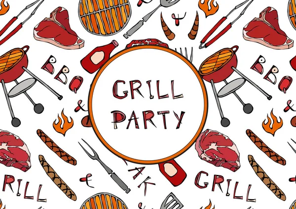 Naadloos Patroon Van Zomer Bbq Grill Party Steak Worst Barbecue — Stockvector