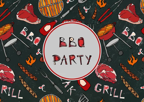 Kusursuz yaz barbekü mangal partisi düzeni. Biftek, sosis, barbekü ızgarası, maşa, çatal, ateş, ketçap. Kara Tahta Geçmişi ve Tebeşir. El Çekimi Vektör İllüstrasyonu. Savoyar Doodle Biçimi