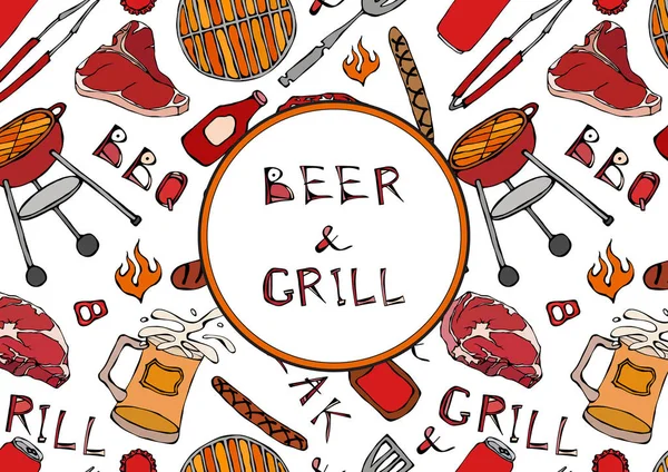 Padrão Sem Costura Verão Churrasco Grill Party Cerveja Bife Salsicha —  Vetores de Stock