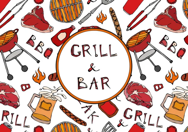 Izgara Bar. Kusursuz yaz barbekü mangal partisi düzeni. Bira, biftek, sosis, barbekü ızgarası, maşa, çatal, ateş, ketçap. El Çekimi Vektör Resimleri Savoyar Doodle Biçimi