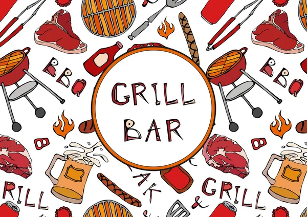 Izgara Bar. Kusursuz yaz barbekü mangal partisi düzeni. Bira, biftek, sosis, barbekü ızgarası, maşa, çatal, ateş, ketçap. El Çekimi Vektör Resimleri Savoyar Doodle Biçimi