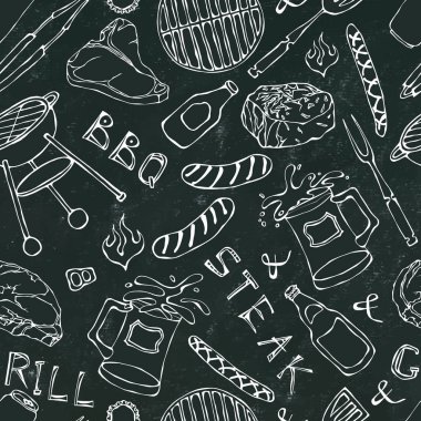 Kusursuz yaz barbekü mangal partisi düzeni. Biftek, sosis, barbekü ızgarası, maşa, çatal, ateş, ketçap. Kara Tahta Geçmişi ve Tebeşir. El Çekimi Vektör İllüstrasyonu. Doodle Biçimi