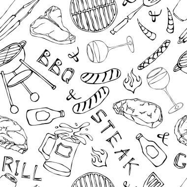 Kusursuz yaz barbekü mangal partisi düzeni. Bir bardak kırmızı, beyaz üzüm bifteği, sosis, barbekü ızgarası, maşa, çatal. El Çekimi Vektör İllüstrasyonu. Doodle Biçimi