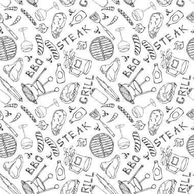 Kusursuz yaz barbekü mangal partisi düzeni. Biftek, sosis, barbekü ızgarası, maşa, çatal, ateş, ketçap. El Çekimi Vektör İllüstrasyonu. Doodle Biçimi