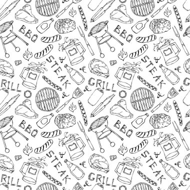 Kusursuz yaz barbekü mangal partisi düzeni. Biftek, sosis, barbekü ızgarası, maşa, çatal, ateş, ketçap. El Çekimi Vektör İllüstrasyonu. Doodle Biçimi