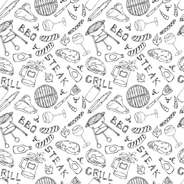 Kusursuz yaz barbekü mangal partisi düzeni. Bir bardak kırmızı, beyaz şarap, biftek, sosis, ızgara, maşa, çatal. El Çekimi Vektör İllüstrasyonu. Doodle Biçimi