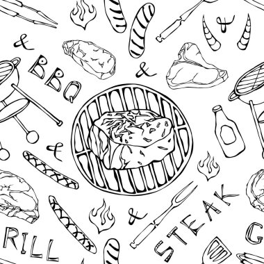 Kusursuz yaz barbekü mangal partisi düzeni. Büyük fileto biftek, sosis, ızgara ızgara, maşa, çatal, ateş, ketçap. El Çekimi Vektör İllüstrasyonu. Doodle Biçimi