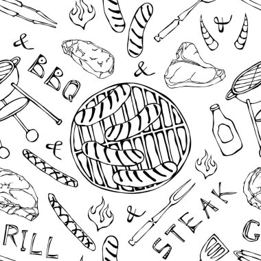 Kusursuz yaz barbekü mangal partisi düzeni. Büyük sosisler, barbekü ızgarası, maşa, çatal, ateş, ketçap. El Çekimi Vektör İllüstrasyonu. Doodle Biçimi