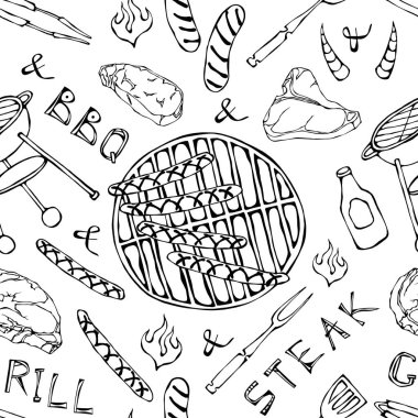 Kusursuz yaz barbekü mangal partisi düzeni. Büyük sosisler, barbekü ızgarası, maşa, çatal, ateş, ketçap. El Çekimi Vektör İllüstrasyonu. Doodle Biçimi