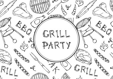 Kusursuz yaz barbekü mangal partisi düzeni. Biftek, sosis, barbekü ızgarası, maşa, çatal, ateş, ketçap. El Çizimi Vektör Çizimi. Doodle Tarzı