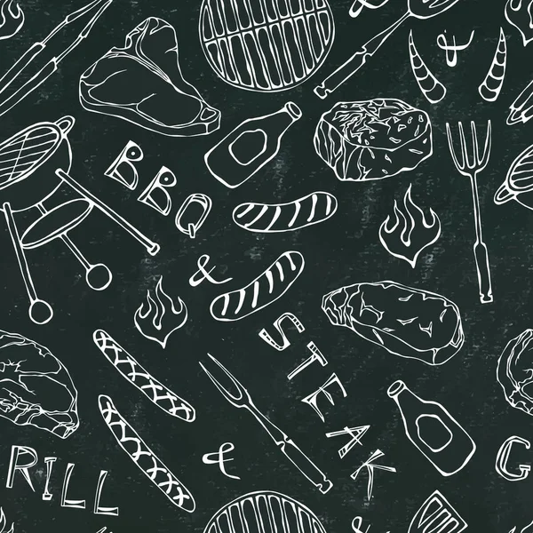 Kusursuz yaz barbekü mangal partisi düzeni. Biftek, sosis, barbekü ızgarası, maşa, çatal, ateş, ketçap. Kara Tahta Geçmişi ve Tebeşir. El Çekimi Vektör İllüstrasyonu. Sevimli Doodle Biçimi