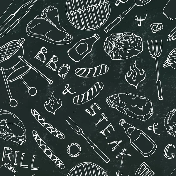 Seamless Pattern Dari Summer Bbq Grill Party Steak Sosis Jaringan - Stok Vektor