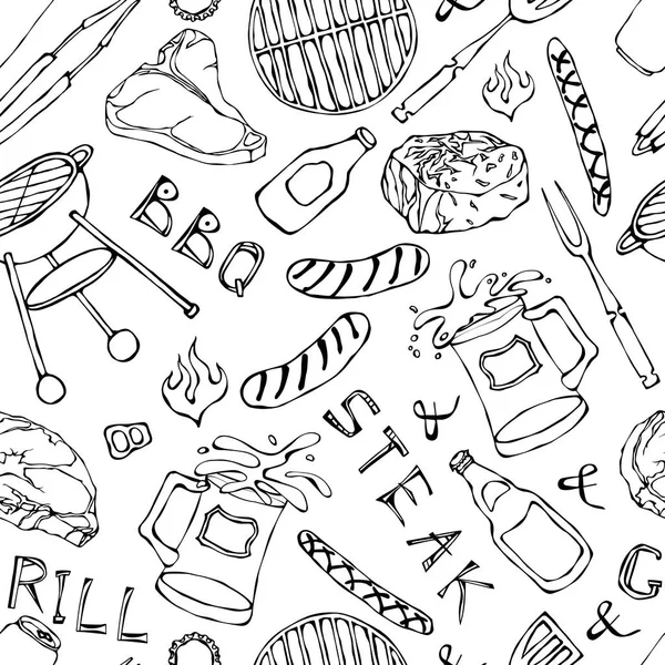 Kusursuz yaz barbekü mangal partisi düzeni. Biftek, sosis, barbekü ızgarası, maşa, çatal, ateş, ketçap. El Çekimi Vektör İllüstrasyonu. Doodle Biçimi