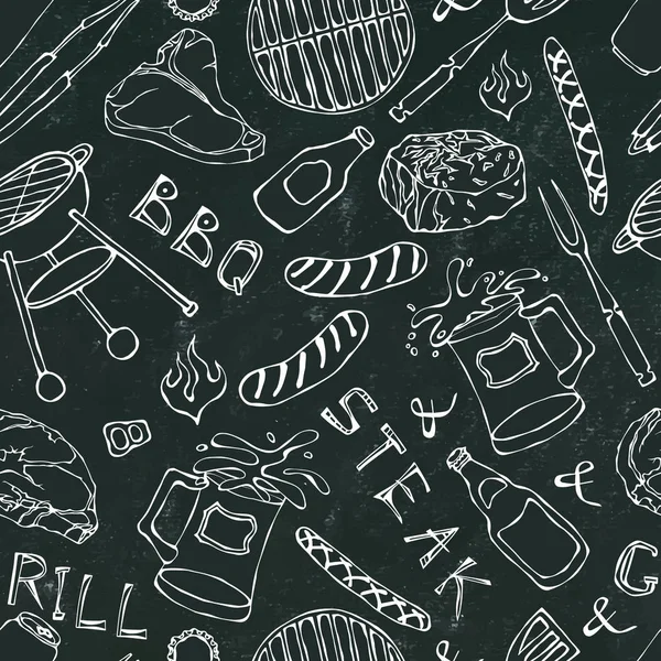 Kusursuz yaz barbekü mangal partisi düzeni. Biftek, sosis, barbekü ızgarası, maşa, çatal, ateş, ketçap. Kara Tahta Geçmişi ve Tebeşir. El Çekimi Vektör İllüstrasyonu. Doodle Biçimi