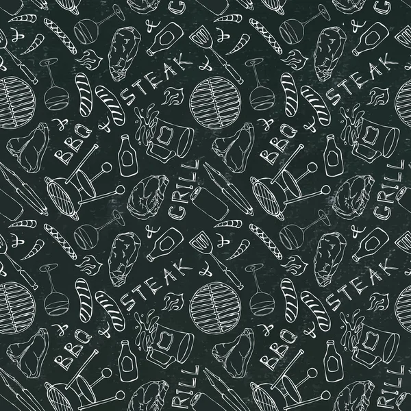 Kusursuz yaz barbekü mangal partisi düzeni. Biftek, sosis, barbekü ızgarası, maşa, çatal, ateş, ketçap. Kara Tahta Geçmişi ve Tebeşir. El Çekimi Vektör İllüstrasyonu. Doodle Biçimi