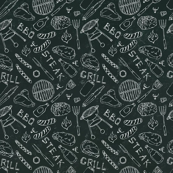 Kusursuz yaz barbekü mangal partisi düzeni. Biftek, sosis, barbekü ızgarası, maşa, çatal, ateş, ketçap. Kara Tahta Geçmişi ve Tebeşir. El Çekimi Vektör İllüstrasyonu. Doodle Biçimi