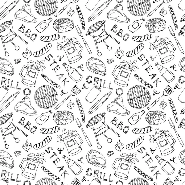 Seamless Pattern Dari Summer Bbq Grill Party Steak Sosis Jaringan - Stok Vektor