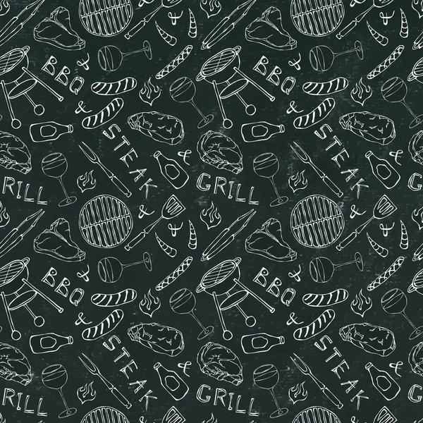 Kusursuz yaz barbekü mangal partisi düzeni. Bir bardak kırmızı, gül ve beyaz şarap, biftek, sosis, ızgara. Kara Tahta Geçmişi ve Tebeşir. El Çekimi Vektör İllüstrasyonu. Doodle Biçimi