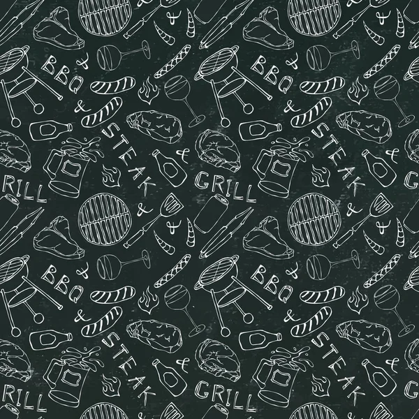 Kusursuz yaz barbekü mangal partisi düzeni. Bir bardak kırmızı, beyaz şarap, biftek, sosis, ızgara, maşa, çatal. Kara Tahta Geçmişi ve Tebeşir. El Çekimi Vektör İllüstrasyonu. Doodle Biçimi