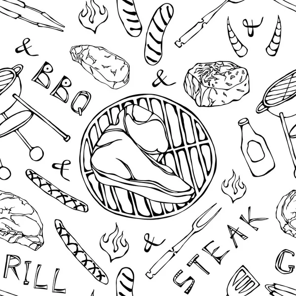 夏季烤肉会的无缝隙模式 采购产品大的猪肉屋牛排 烧烤网格 手绘向量图解 涂鸦风格 — 图库矢量图片