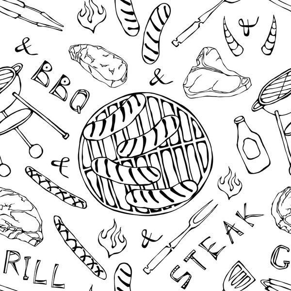 Kusursuz yaz barbekü mangal partisi düzeni. Büyük sosisler, barbekü ızgarası, maşa, çatal, ateş, ketçap. El Çekimi Vektör İllüstrasyonu. Doodle Biçimi