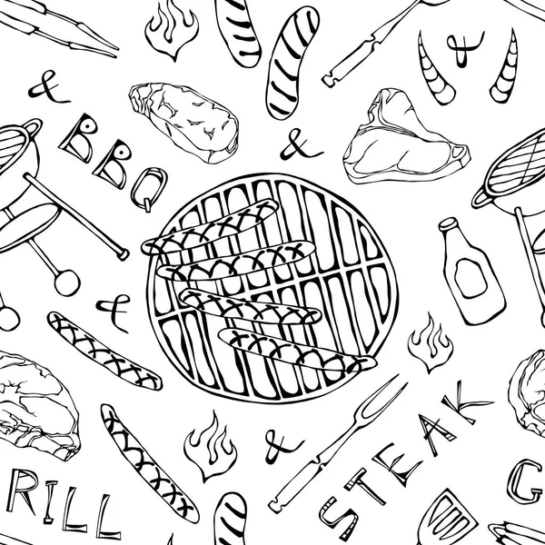 Kusursuz yaz barbekü mangal partisi düzeni. Büyük sosisler, barbekü ızgarası, maşa, çatal, ateş, ketçap. El Çekimi Vektör İllüstrasyonu. Doodle Biçimi