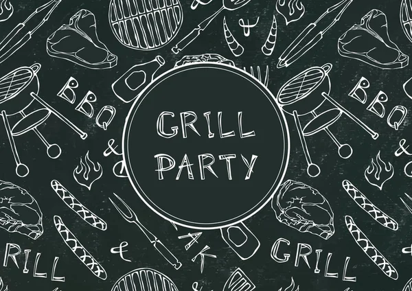 Seamless Pattern of Summer BBQ Grill Party. Steak, Sausage, Barbeque Grid, Tongs, Fork, Fire, Ketchup. Black Board Background and Chalk. Hand Drawn Vector Illustration. Doodle Style
