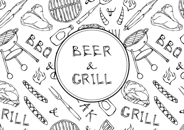 Padrão Sem Costura Verão Churrasco Grill Party Cerveja Bife Salsicha —  Vetores de Stock