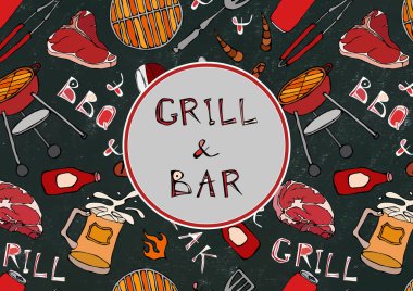 Kusursuz Yaz Izgarası ve Bar Partisi. Biftek, sosis, barbekü ızgarası, maşa, çatal, ateş, ketçap. Kara Tahta Geçmişi ve Tebeşir. El Çekimi Vektör İllüstrasyonu. Doodle Biçimi