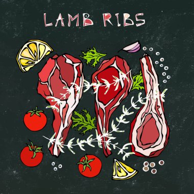 Otlu kuzu pirzola, limon, domates, maydanoz, kekik, biber. Kara Tahta Geçmişi ve Tebeşir. Restoran menüsü. El Çizimi İllüstrasyonu. Doodle Biçimi