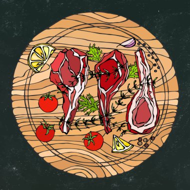 Otlu kuzu pirzola, limon, domates, maydanoz, kekik, biber. Yuvarlak Tahta Kesme Kurulunda. Et Rehberi Kasap Dükkanı veya Et Lokantası Menüsü. El Çizimi İllüstrasyonu. Doodle Biçimi