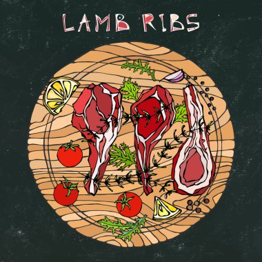 Otlu kuzu pirzola, limon, domates, maydanoz, kekik, biber. Yuvarlak Tahta Kesme Kurulunda. Et Rehberi Kasap Dükkanı veya Et Lokantası Menüsü. El Çizimi İllüstrasyonu. Doodle Biçimi