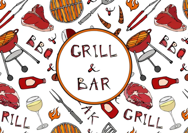 Kusursuz Yaz Izgarası ve Bar Partisi. Biftek, sosis, barbekü ızgarası, maşa, çatal, ateş, ketçap. El Çekimi Vektör İllüstrasyonu. Doodle Biçimi