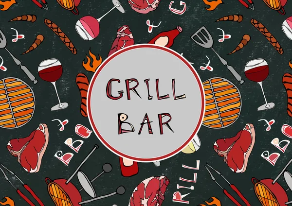 Kusursuz Yaz Izgarası ve Bar Partisi. Biftek, sosis, barbekü ızgarası, maşa, çatal, ateş, ketçap. Kara Tahta Geçmişi ve Tebeşir. El Çekimi Vektör İllüstrasyonu. Doodle Biçimi