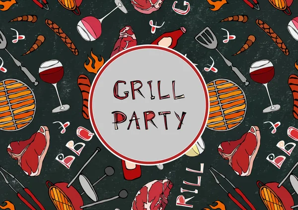 Kusursuz Yaz Izgara Partisi Modeli. Biftek, sosis, barbekü ızgarası, maşa, çatal, ateş, ketçap. Kara Tahta Geçmişi ve Tebeşir. El Çekimi Vektör İllüstrasyonu. Doodle Biçimi