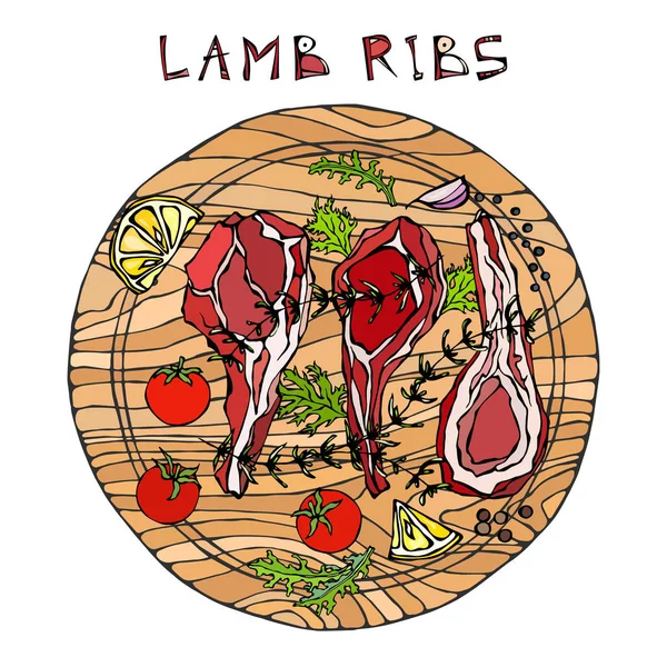 Lamb Ribs Chops Herbs Lemon Tomato Parsley Thyme Pepper Meat — 스톡 벡터