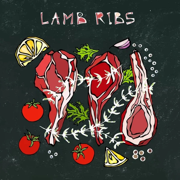 Otlu kuzu pirzola, limon, domates, maydanoz, kekik, biber. Kara Tahta Geçmişi ve Tebeşir. Restoran menüsü. El Çizimi İllüstrasyonu. Doodle Biçimi