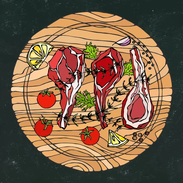 子羊ハーブチョップ レモン トマト パセリ タイム コショウ 丸い木製のまな板に 肉屋やステーキハウスレストランのメニューのための肉ガイド 手描きイラスト 落書きスタイル — ストックベクタ